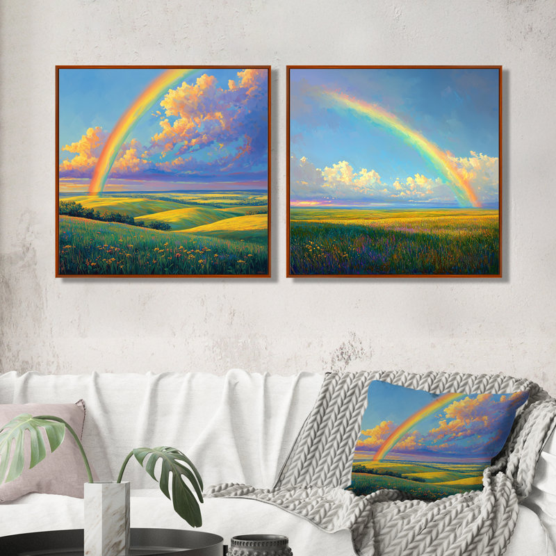 «Rainbow Over The Windy Plains I» - art mural arc-en-ciel - ensemble d'art mural traditionnel 2 pièces, H 36 po x l 73 po