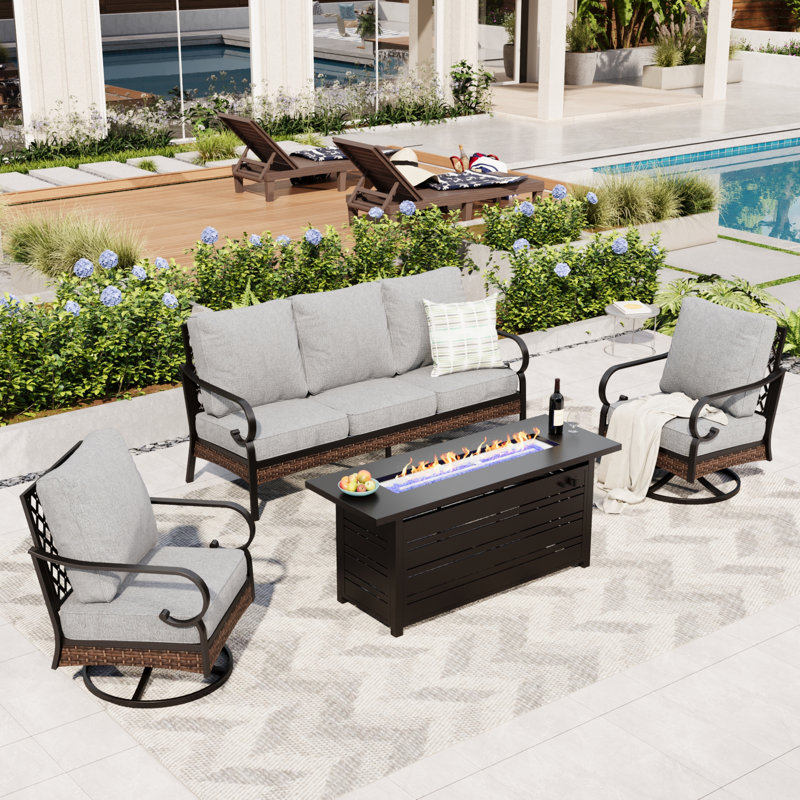 5 Person Outdoor Conversation Set With Swivel Lounge Chairs & Fire Pit Table, Black/Gray/Black