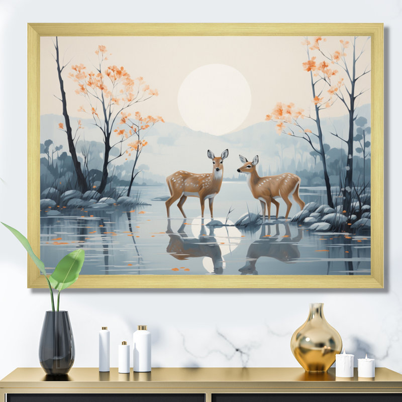 Animal cerf flottant en hiver - impression, Encadrement doré, H 12 po x l 20 po x P 1 po