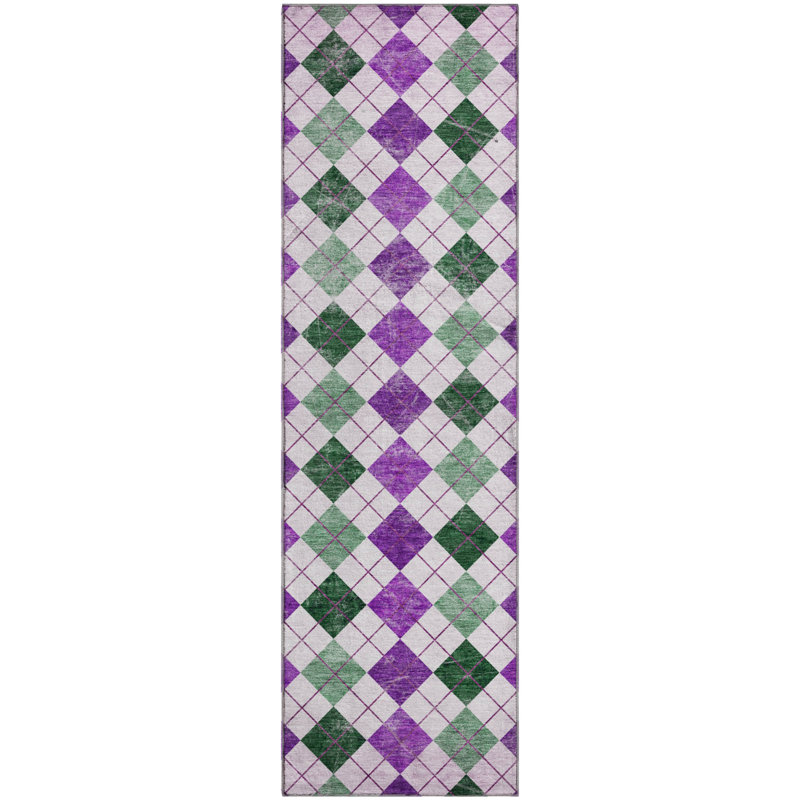 Premium Machine Washable Mayfield AMF2237 Geometric Rug, 2'3" x 7'6" Runner, Purple
