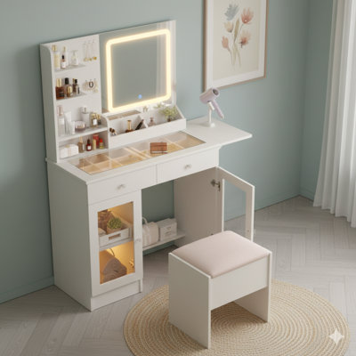 Petit bureau de coiffeuse avec miroir, lumières et chaise. Ce meuble-lavabo a un plateau en verre, une multiprise USB à 2 ports et comprend deux tiroirs et une armoire. Une coiffeuse avec un miroir d'éclairage 3 couleurs, en blanc.