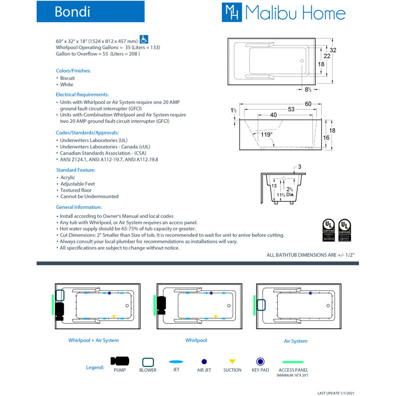 Bondi 60" x 32" Alcove Combination Acrylic Bathtub, Biscuit