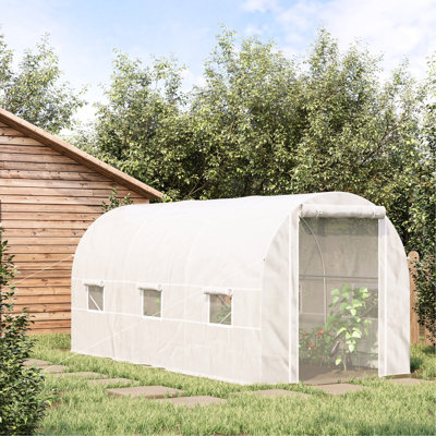 Serre de tunnel de 15 pi x 7 pi, cadre en acier robuste, 6 fenêtres et porte, blanc - nourrissez votre jardin avec des légumes, des fruits, des fleurs, des herbes, des plantes grasses et des gaules tropicales