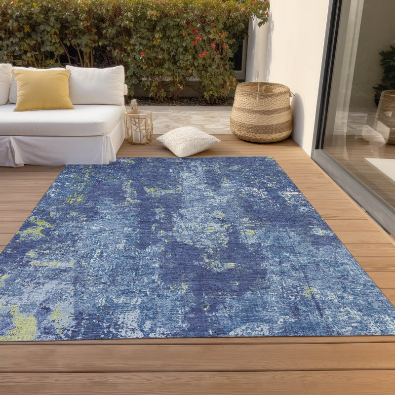 Navy Blue Synthetic Rectangular Washable Indoor/Outdoor Rug