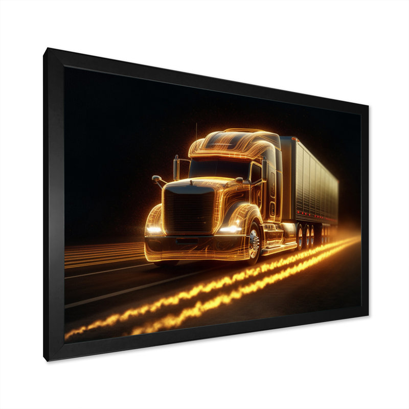 Camion jaune semi-néon sur toile, H 34 po x l 44 po x P 1,5 po, Cadre photo noir