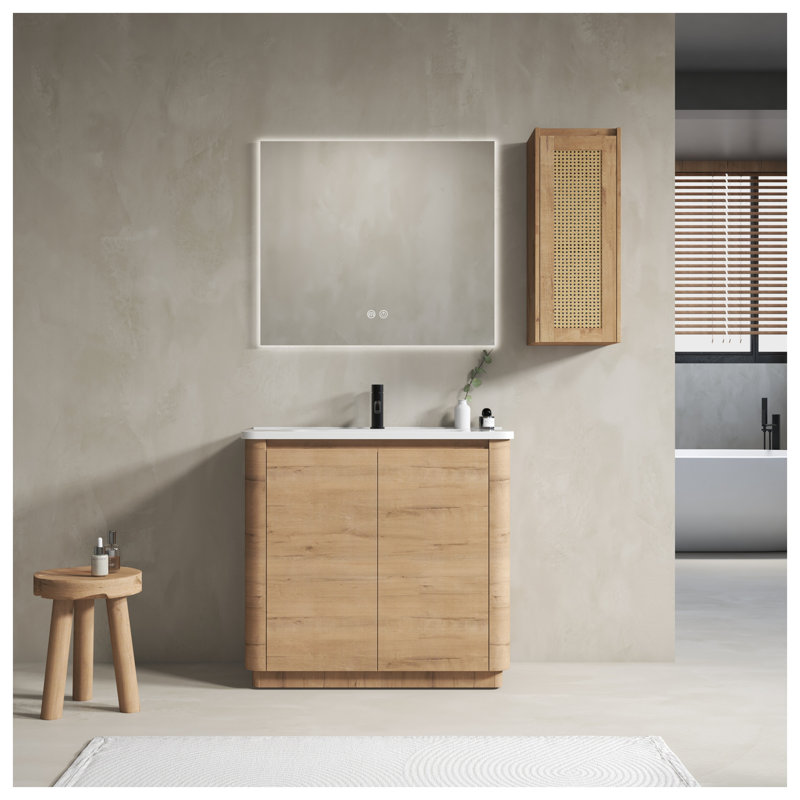 Meuble-lavabo autoportant 36 po avec lavabo en céramique et deux tiroirs à fermeture en douceur, finition chêne, 36"