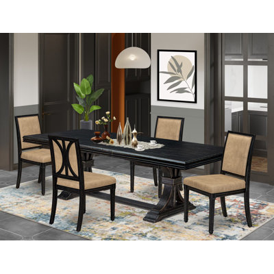 5-piece Modern Dining Table Set includes a Dining Table and 4 Beige PU Leather Kitchen Chairs with High Back - Sand Blasting Black Finish