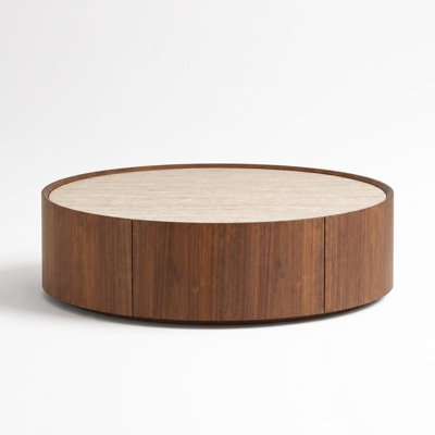Round Coffee Table with Sintered Stone Top, Inlaid Details, Natural Walnut Veneer, Built-In Storage Drawer, Low Profile Design for Small Spaces, Mid-C