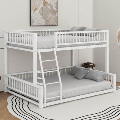 Full XL Over Queen Floor Bunk Bed Frame With Ladder And Safety Guardrails