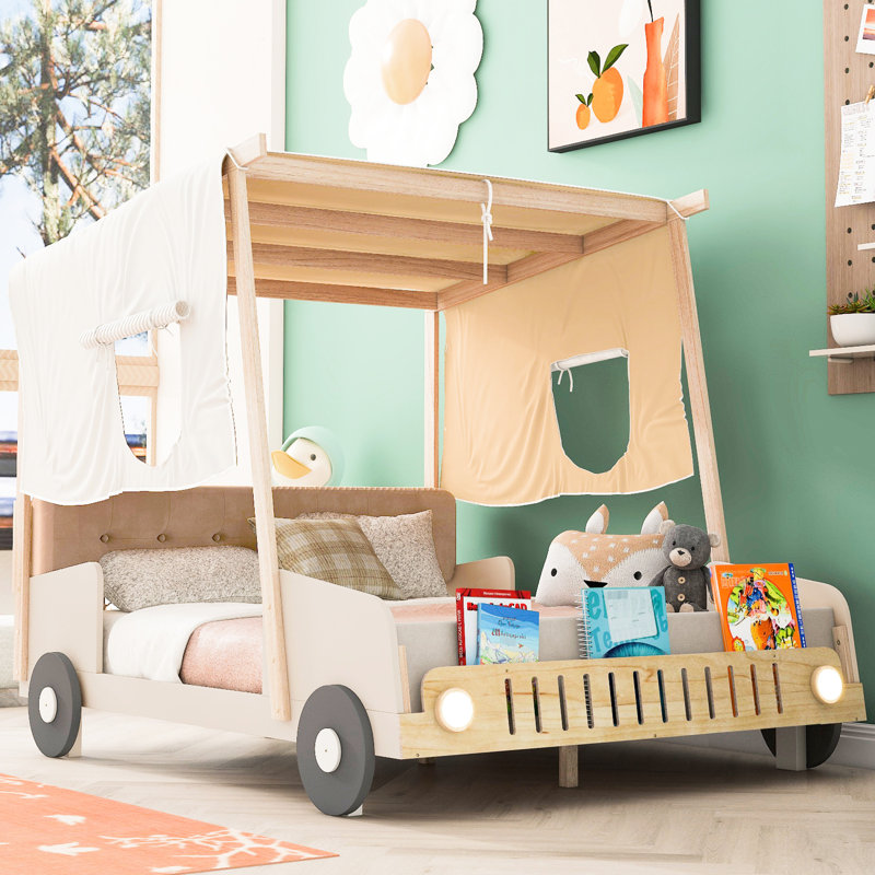 Lit voiture en bois naturel avec coussin doux, flanelle et laine confortable
