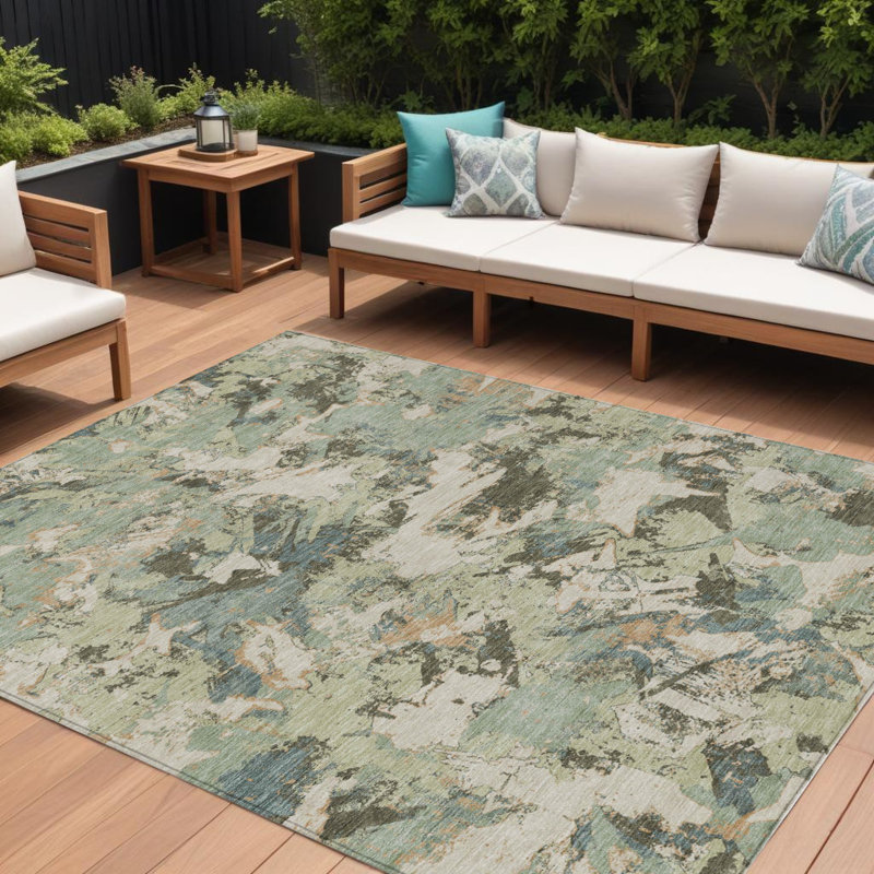 Tapis extérieur lavable floral beige et vert 10 pi x 14 pi beige