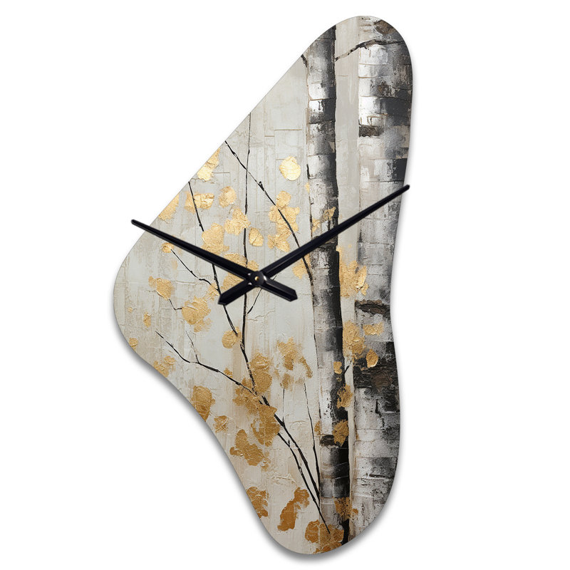 Tree Whispers Of Grey and Gold - Monochrone forme irrégulière horloge murale en métal, gris horloge murale asymétrique, Grand