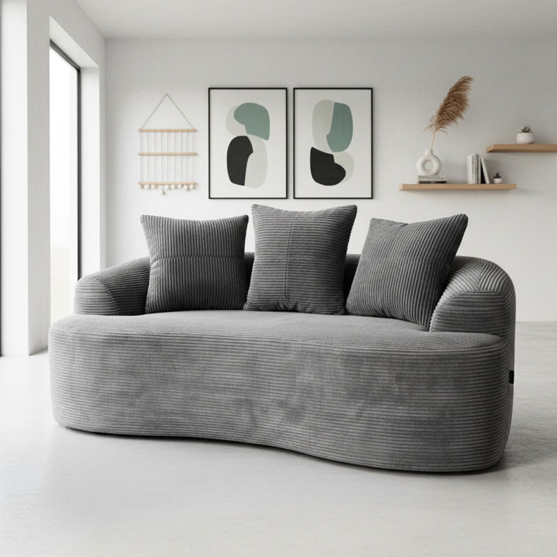 Canapé incurvé de 163 cm avec coussins à ressorts ensachés, velours côtelé gris, 3 coussins décoratifs, compact pour les petites pièces, aucun assemblage requis, velours côtelé, option d'assise compacte, nécessaire