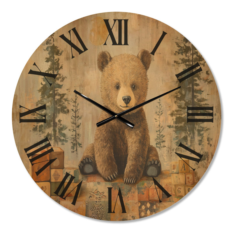 Tapis d'histoire de l'alphabet - Horloge murale ronde pour chambre d'enfant, motif en bois, Medium
