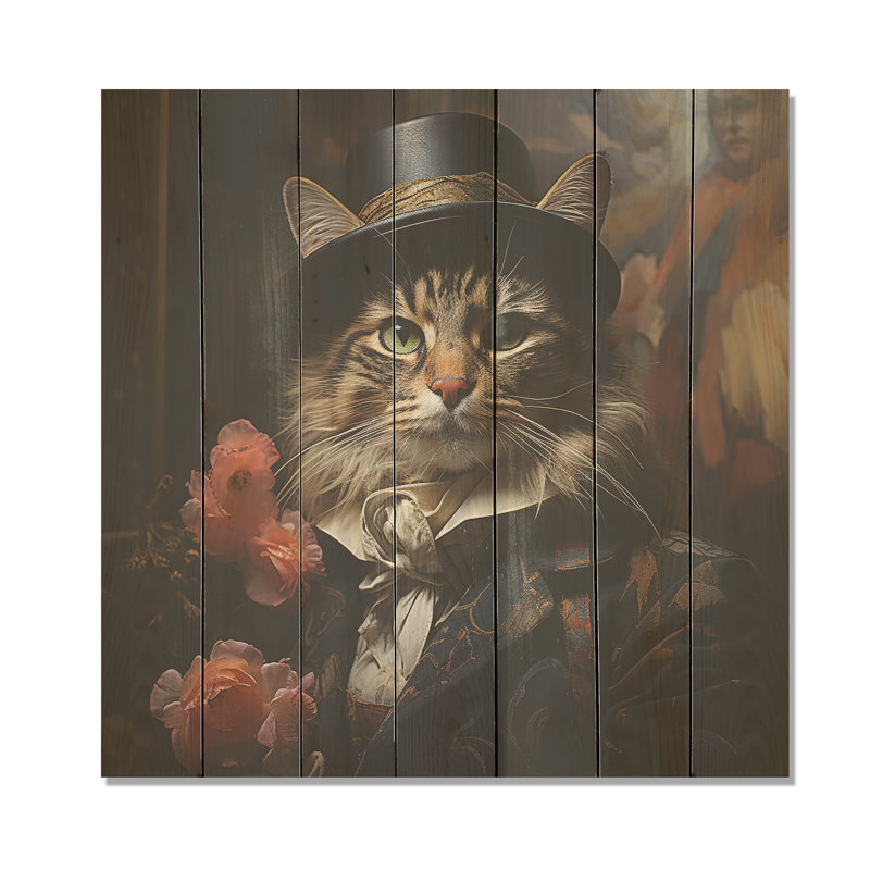 Cat Gangster Mafia Fashion II - Cat On Wood Print, 25" H x 25" W