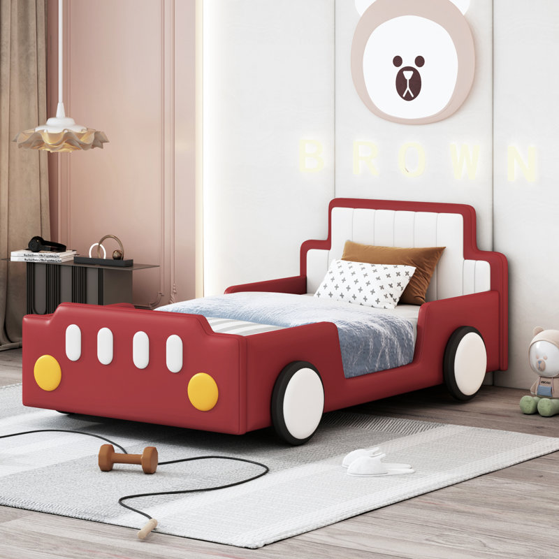 Lit plateforme simple en forme de voiture de course avec roues, rouge, Rouge