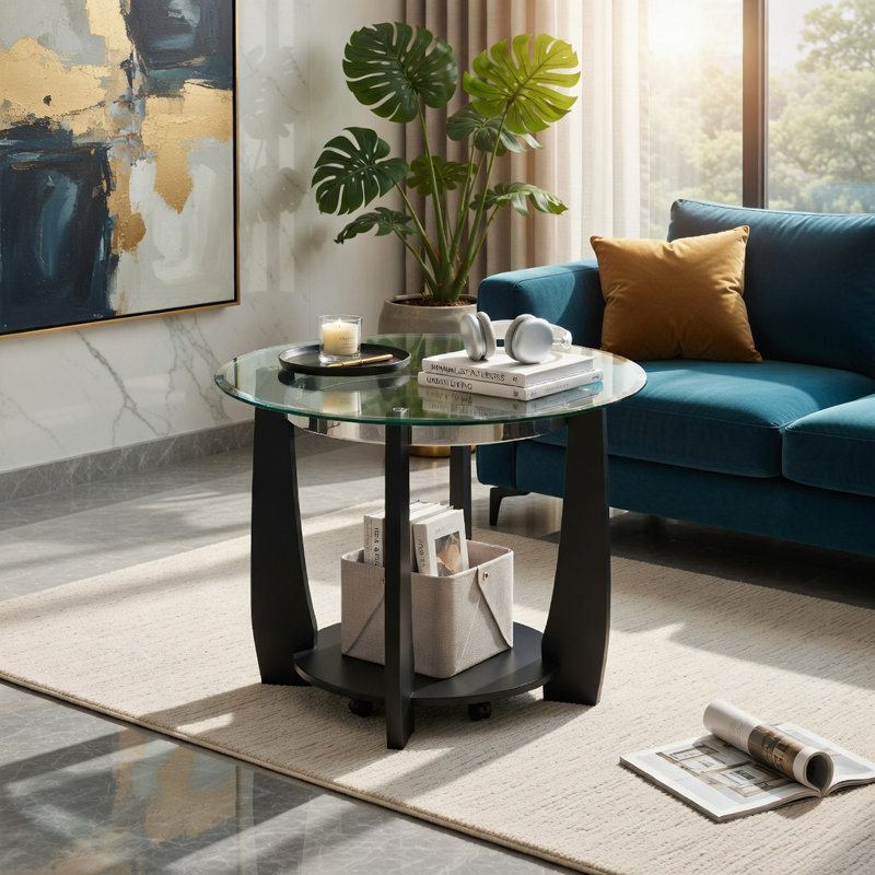 Table basse Hommoo 32 po à 2 niveaux avec plateau en verre trempé, structure en bois d'hévéa et roulettes, transparent et noir