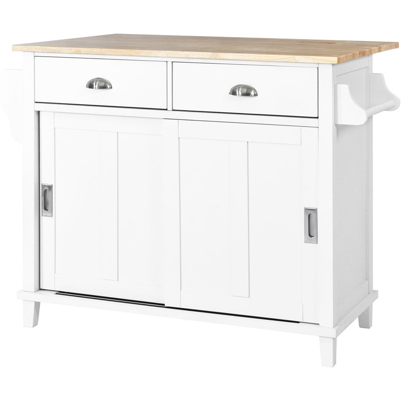 Buccigross 52.2'' Wide Rolling,with Rubber wood Drop-Leaf Countertop, Concealed sliding barn door adjustable height,Kitchen Island on 4 Wheels with Storage Cabinet and 2 Drawers,island,coffee cart