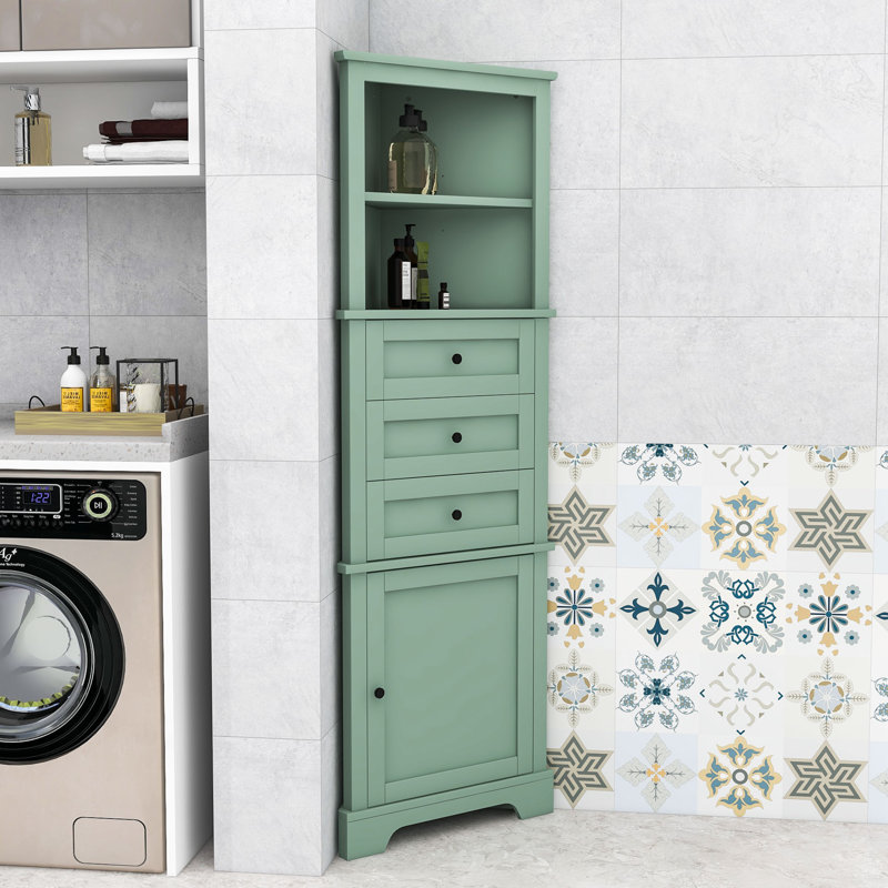 Armoire de coin de salle de bain triangulaire avec tablettes réglables, tiroirs triangulaires et rangement fermé, Vert