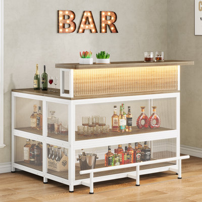 L-Shaped Home Bar Unit With Stemware Racks And LED Light, Bar Table With Storage by Wrought Studio