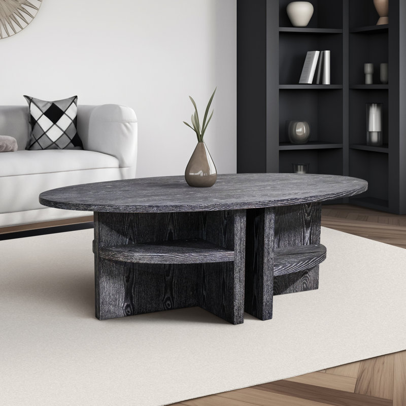 Gray Modern Neutral Oval Coffee Table with Shelves Contemporary - 53" x 28" x 18"