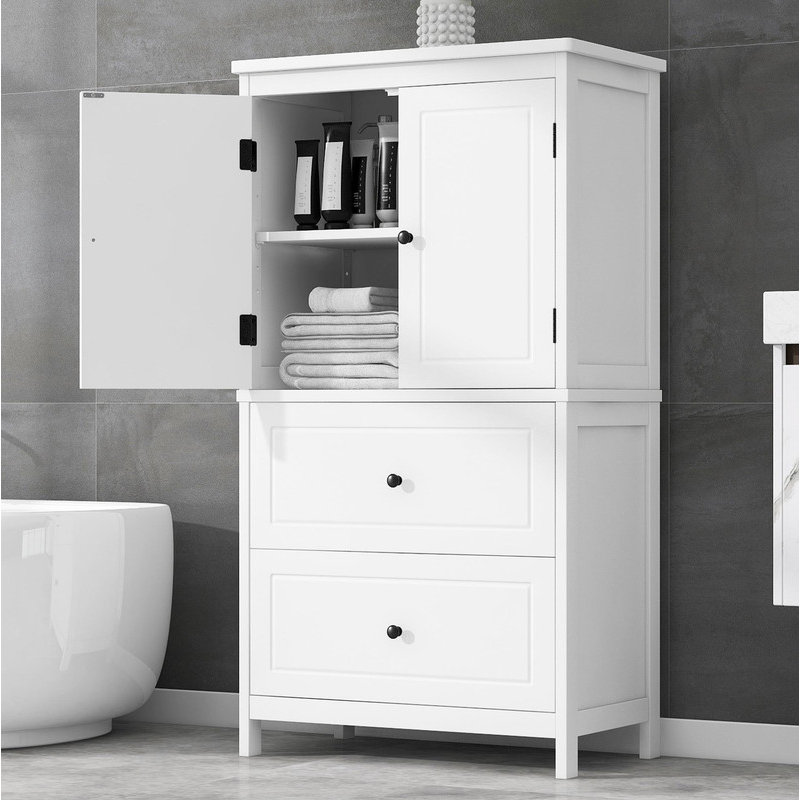 Solution de rangement pratique pour la salle de bain - Armoire en panneau de fibres à densité moyenne équipée de deux portes, de tiroirs et d'une tablette réglable pour l'organisation