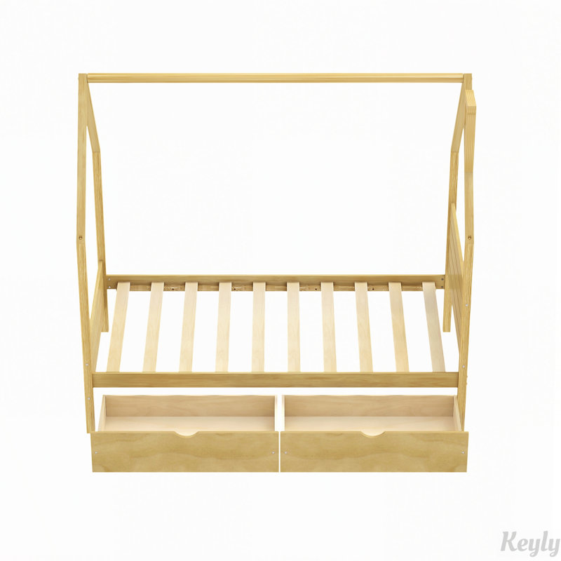 Lit en forme de maison avec tiroirs de rangement et tête de lit, Twin, Natural