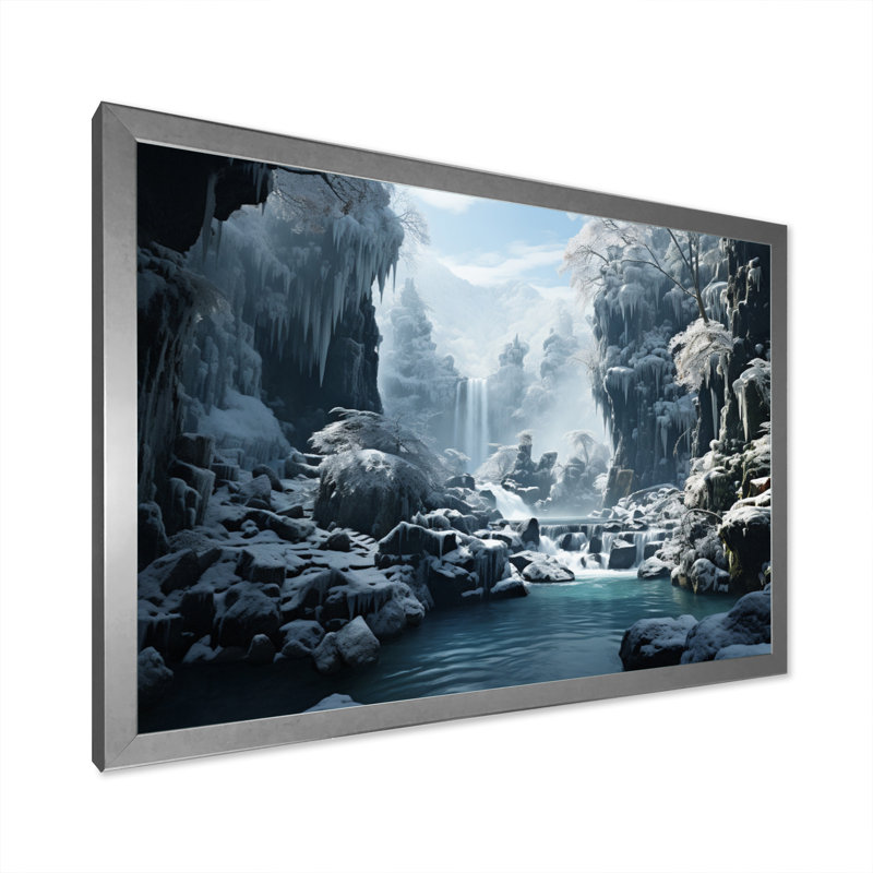 «Grey White Waterfall Frozen Symphony IV», reproduction sur toile, H 34 po x l 44 po x P 1,5 po, Cadre simple argenté