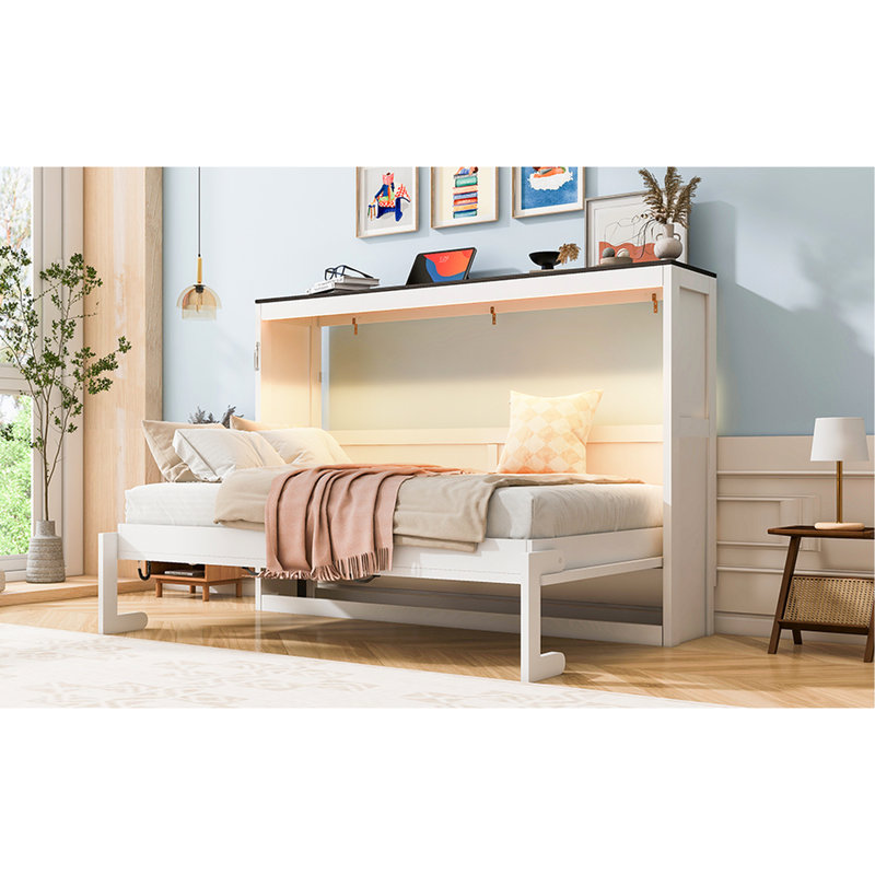 Lit mural simple blanc et brun avec éclairage à DEL, armoire pliable, bois massif, ouverture hydraulique lisse, idéal pour les espaces de travail à la maison dans les petites résidences, bois, système, dortoirs de bonne étude