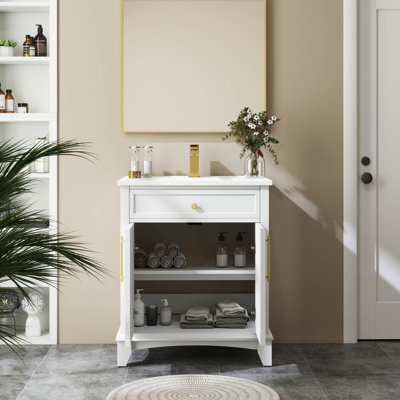 Meuble-lavabo moderne 27,8 po avec surface peinte, meuble-lavabo autoportant Mid-Century avec rangement, meuble-lavabo haut de gamme avec tiroirs et poignées en métal