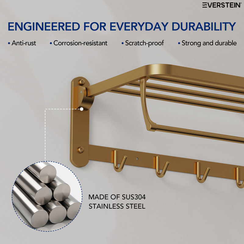 Wall Mounted Towel Rack With Towel Bar & Hooks, Brushed Gold