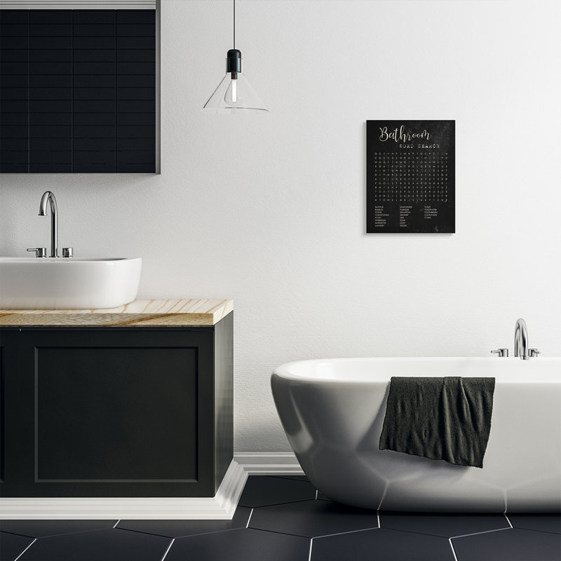 " Bathroom Word Search Activity Over Distressed Black ", 20" H x 16" W, Wrapped Canvas