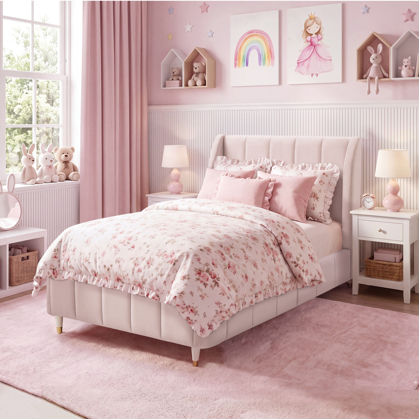 Ricketts Full Upholstered Platform Bed, Twin, Vintage Pink