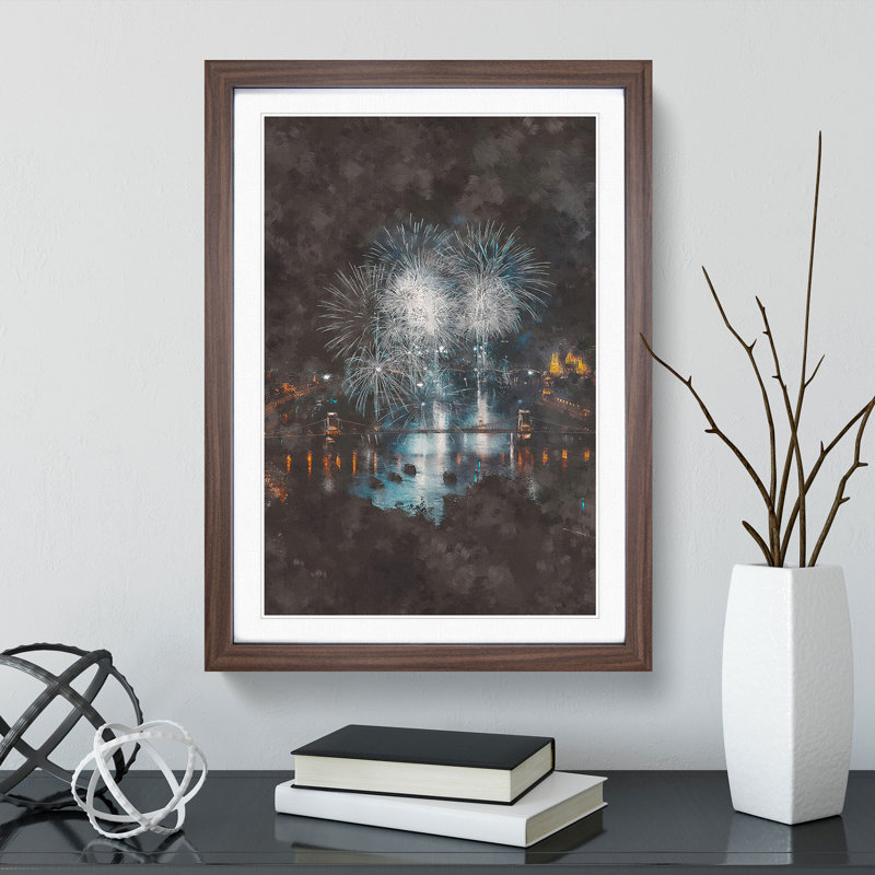 Fireworks over Budapest in Hungary - Framed Print, 48cm H x 36cm W x 2cm D, Walnut Framed