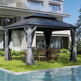 Outdoor Wood Gazebo, Hardtop Gazebo Permanent Cedar Wooden Gazebo with Galvanized Steel Double Roof, for Patio, Garden, Deck