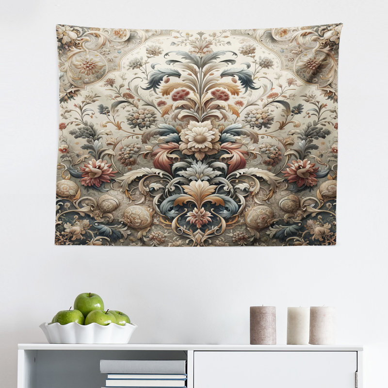 Winston Porter Rococo Wall Hanging Tapestry Palatial Flowers Posh Ethnic Tan Dark Blue Pale Ruby, H 23 po x l 28 po