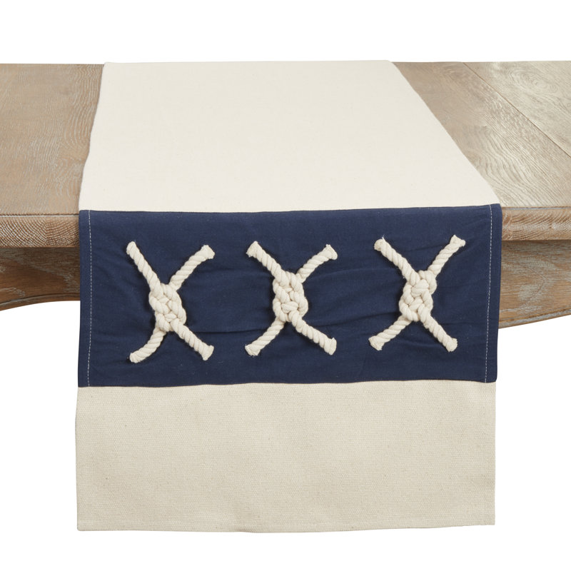 Nautical Blue and Beige Cotton Table Runner with Rope Knots