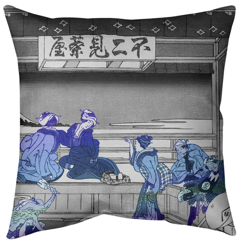 Coussin Yoshida at Tokaido, 14 po x 14 po, Bourre en polyester, Bleu