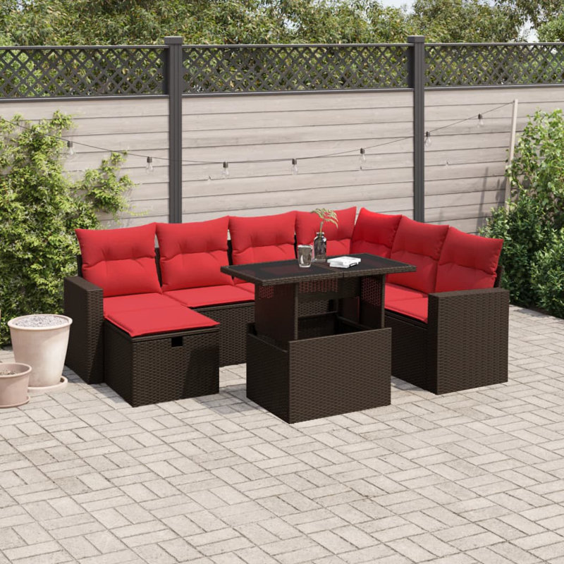  Ensemble de canapé de patio 8 pièces avec coussins en rotin de polyester, Rouge, Brun