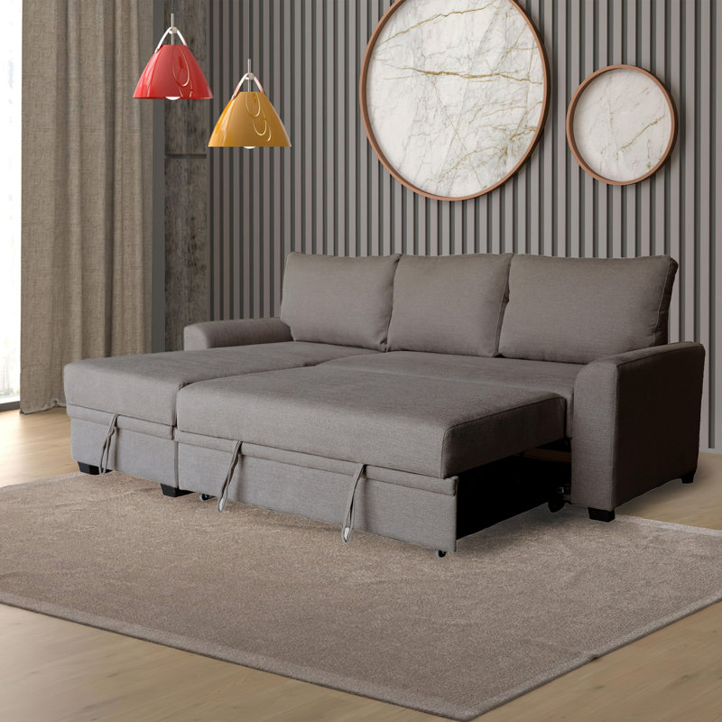 Canapé-lit modulaire en tissu avec méridienne de rangement orientée vers la gauche, Tissu brun