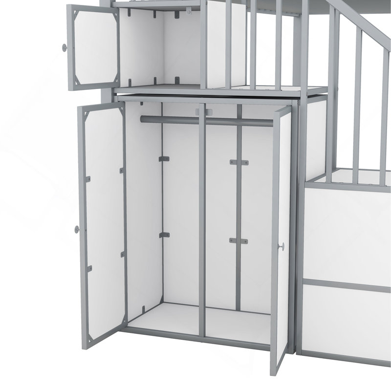 Lit superposé simple en métal avec garde-robe et rangement multiple en métal, Blanc / Gris