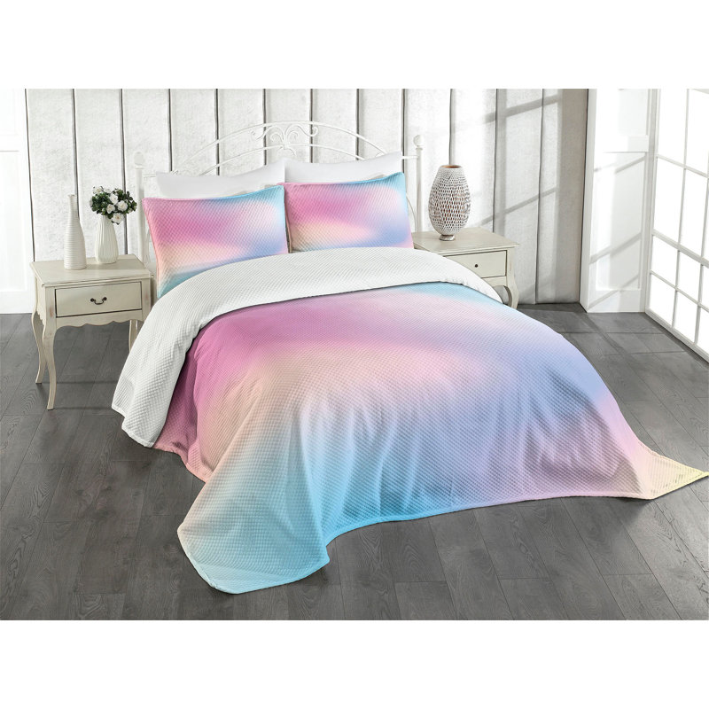 King Size Blue and Pink Quilted Bedspread Set