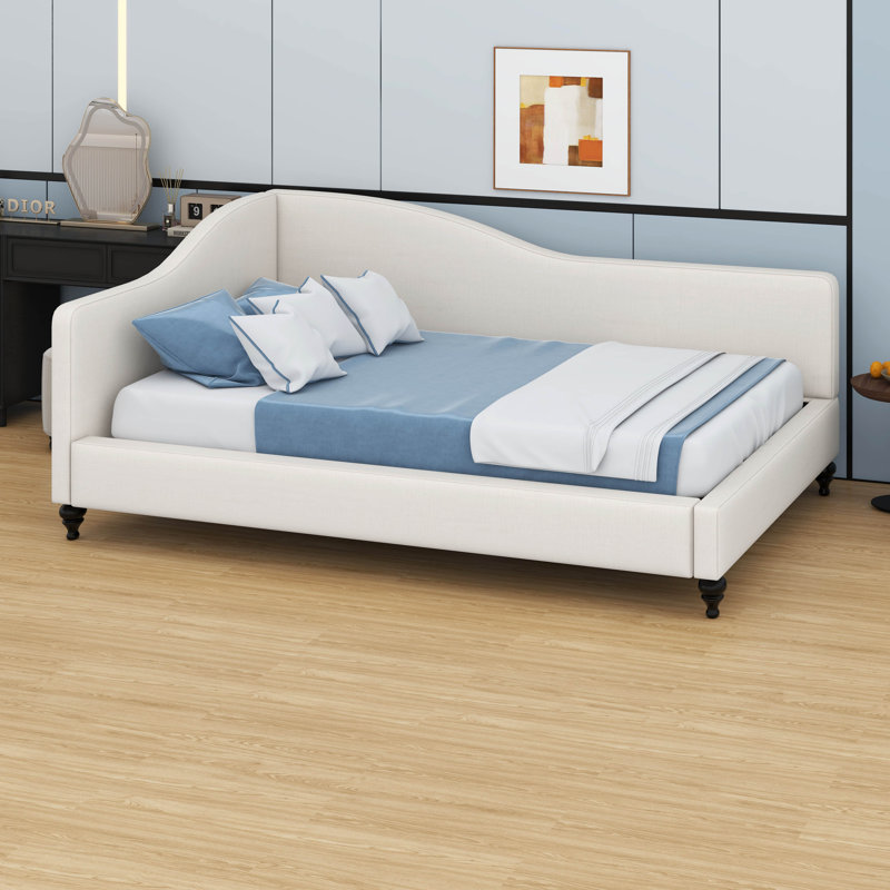 Lit de jour en L (revêtement en lin) - Pieds en bois massif inclus, Beige, Lit double