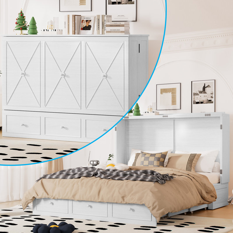 Murphy Bed Queen With Mattress,Modern Cabinet Bed With Storage Drawer & Usb Charging Station, Solid Wood, White