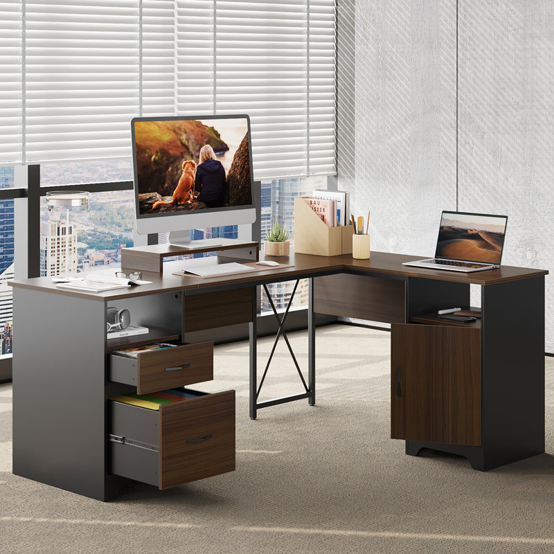 160cm L-Shaped Home Office Desk With File&storage Drawers And Cabinet,Executive Desk With Monitor Stand, Cherry