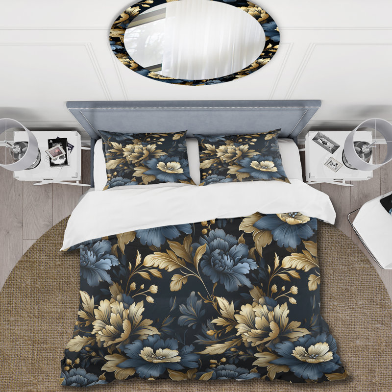 Ensemble de housse de couette damassé Glamour V bleu foncé et doré, Housse de couette simple + 1 taie décorative stan