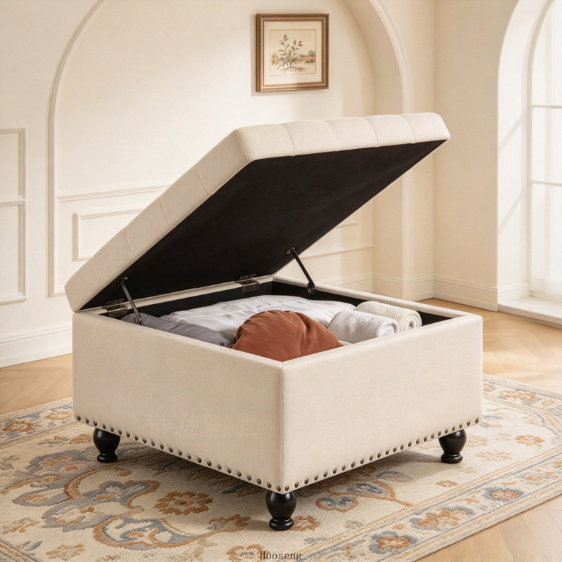 Large Square Storage Ottoman with Wooden Legs, Button Tufted Upholstered Coffee Table with Nail Trim, Beige, Beige