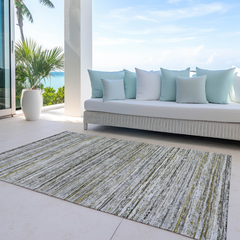 Pewter Striped Flat Woven Synthetic Washable Rug