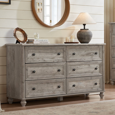 6 Drawers Dresser For Bedroom, Farmhouse 54" Wide Wood Dressers Chest Of Drawers, Vintage Design TV Stand, Rustic Storage Dresser Organizer With Metal Handle Closet For Living Room, Hallway
