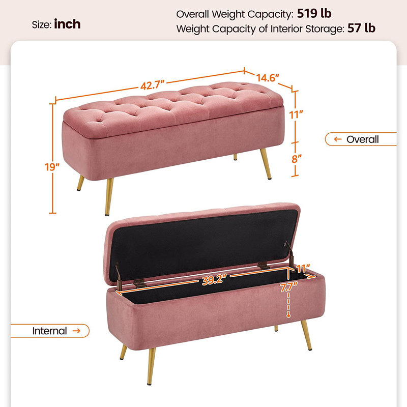 Upholstered Storage Bench, Pink